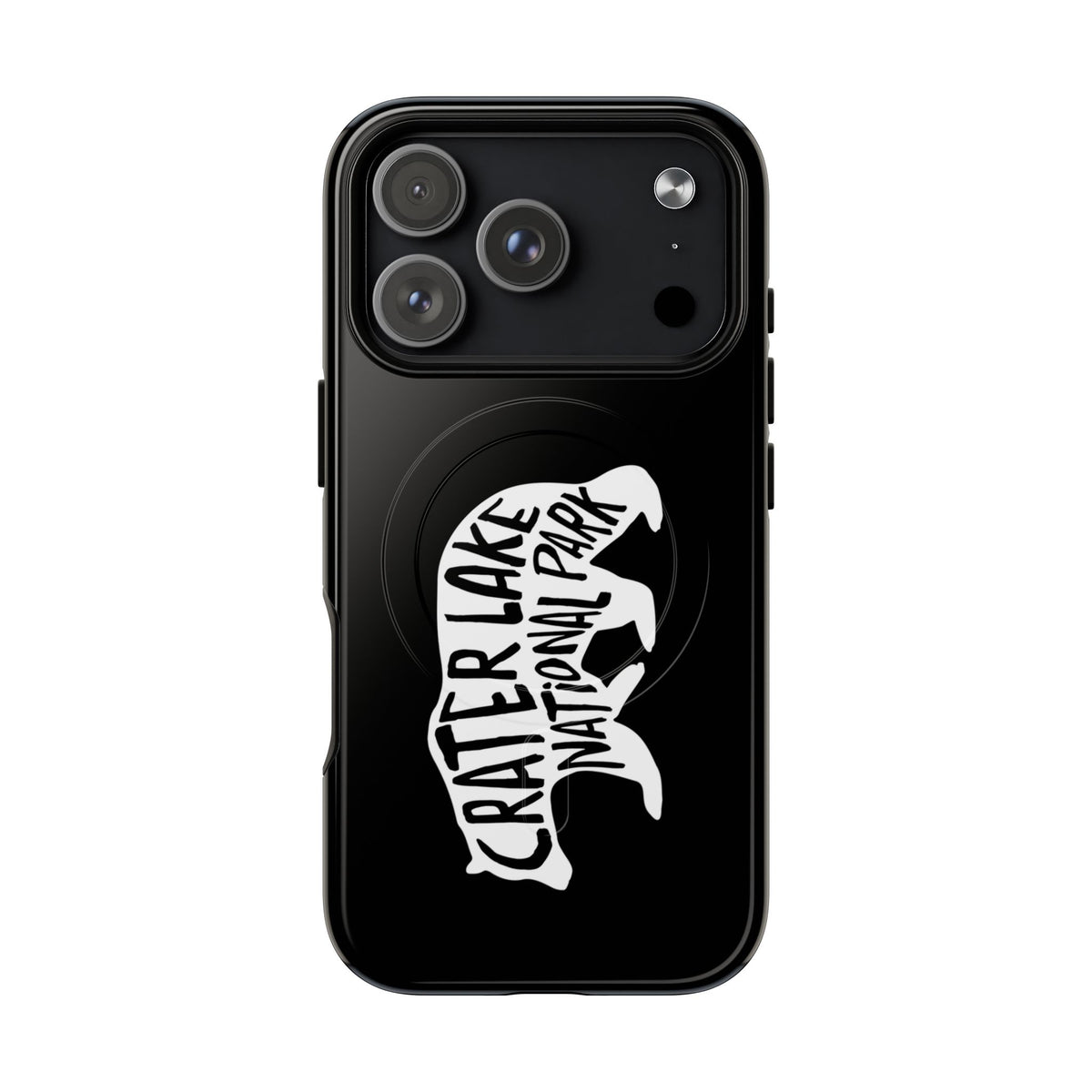 Crater Lake National Park iPhone case with MagSafe featuring black bear artwork.