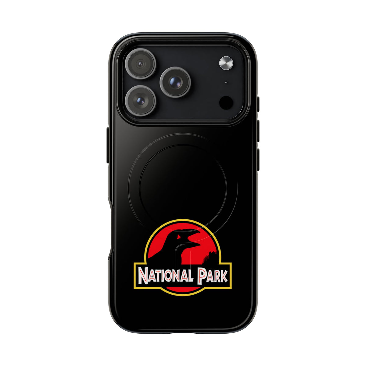 Acadia National Park iPhone case with MagSafe featuring puffin parody-logo artwork.