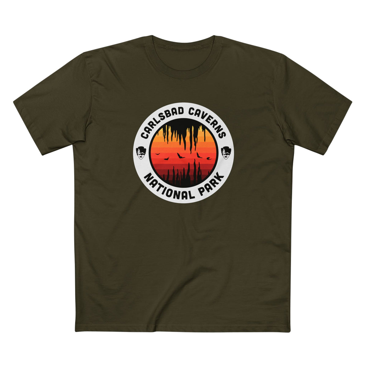 Carlsbad Caverns National Park T-Shirt - Round Badge Design Reds in Army