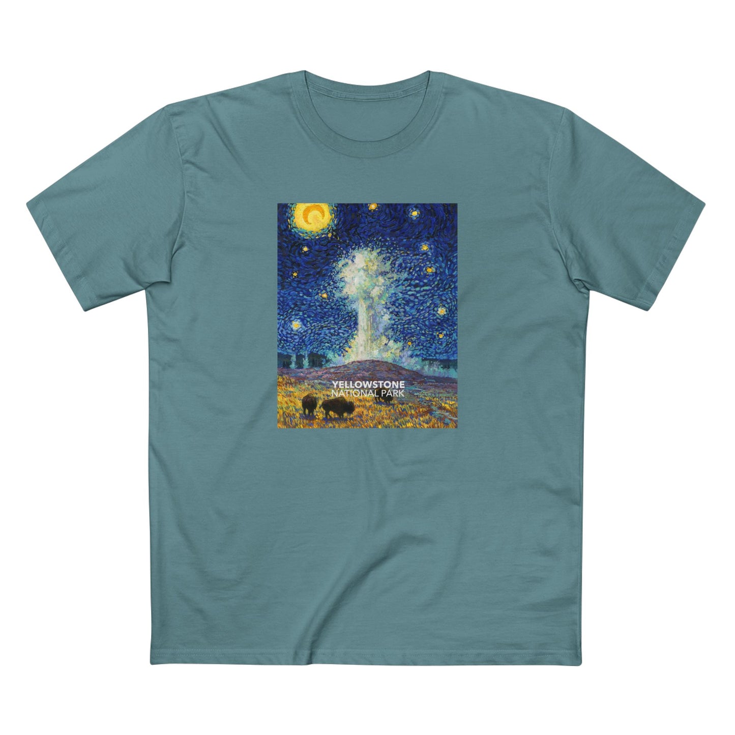 Yellowstone National Park T-Shirt - Old Faithful Starry Night in Slate Blue