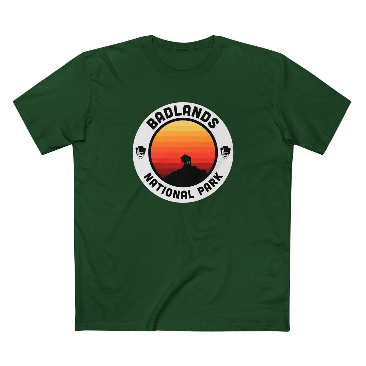 Badlands National Park T-Shirt - Round Badge Design in Forest Green