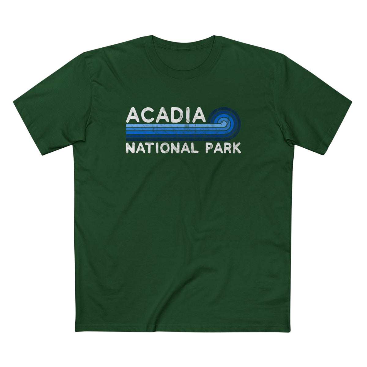 Acadia National Park T-Shirt - Blue Vintage Stretched Sunrise in Forest Green