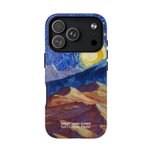 Great Sand Dunes National Park iPhone case with MagSafe featuring Starry Night artwork.