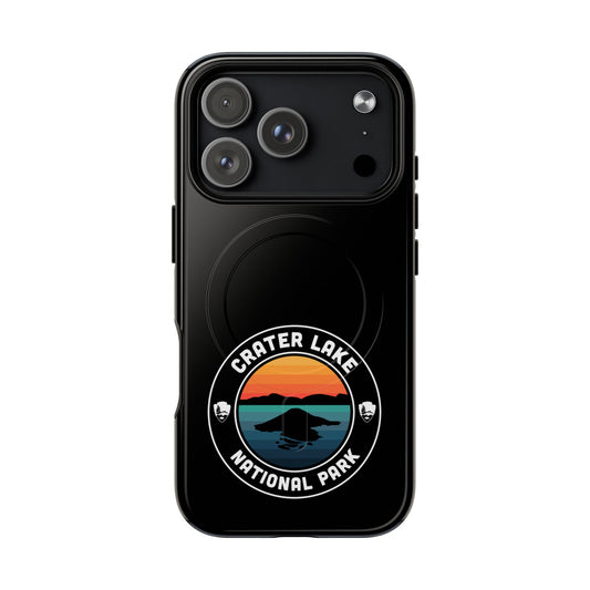 Crater Lake National Park iPhone case with MagSafe featuring round emblem artwork.