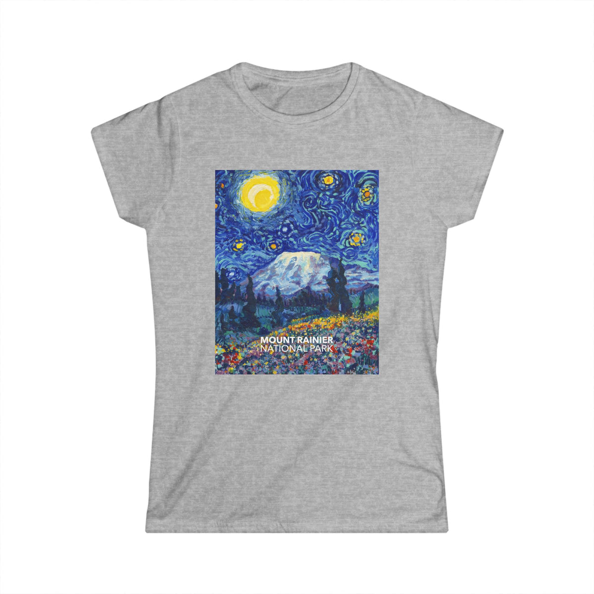 Close-up of a Van Gogh ‘Starry Night’-style design on the Mount Rainier National Park t-shirt