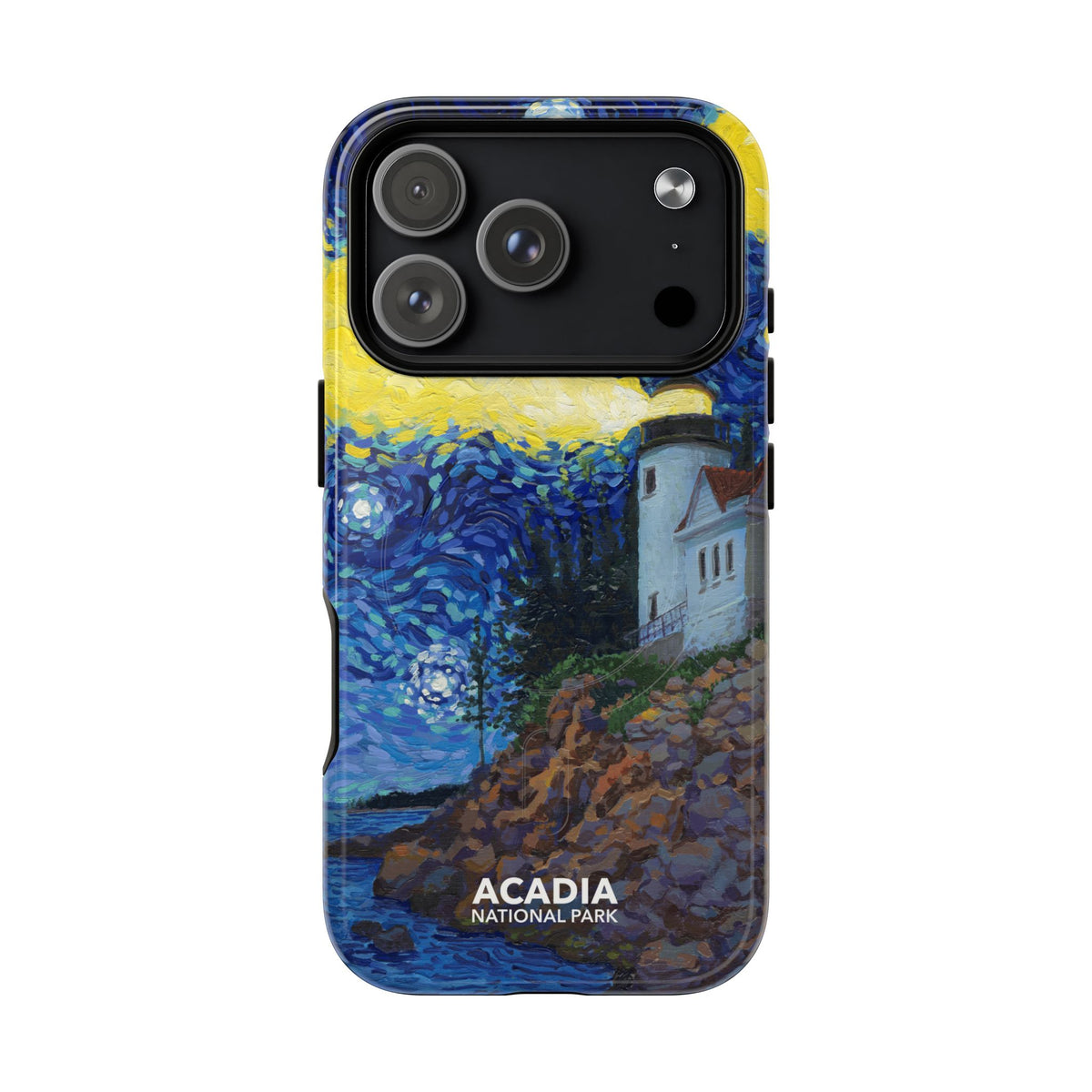Acadia National Park iPhone case with MagSafe featuring Starry Night lighthouse artwork.