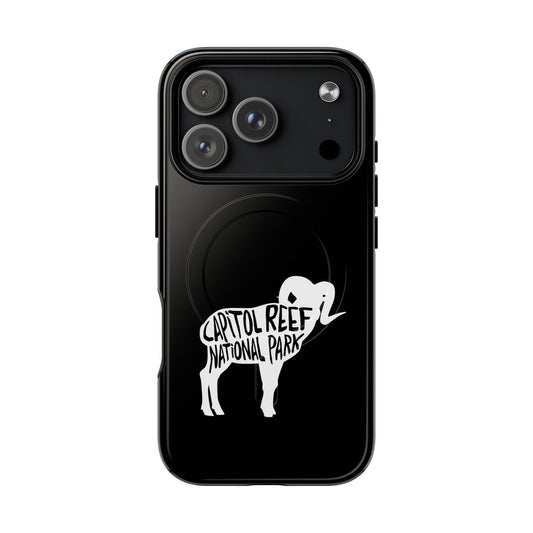 Capitol Reef National Park iPhone case with MagSafe featuring bighorn sheep artwork.