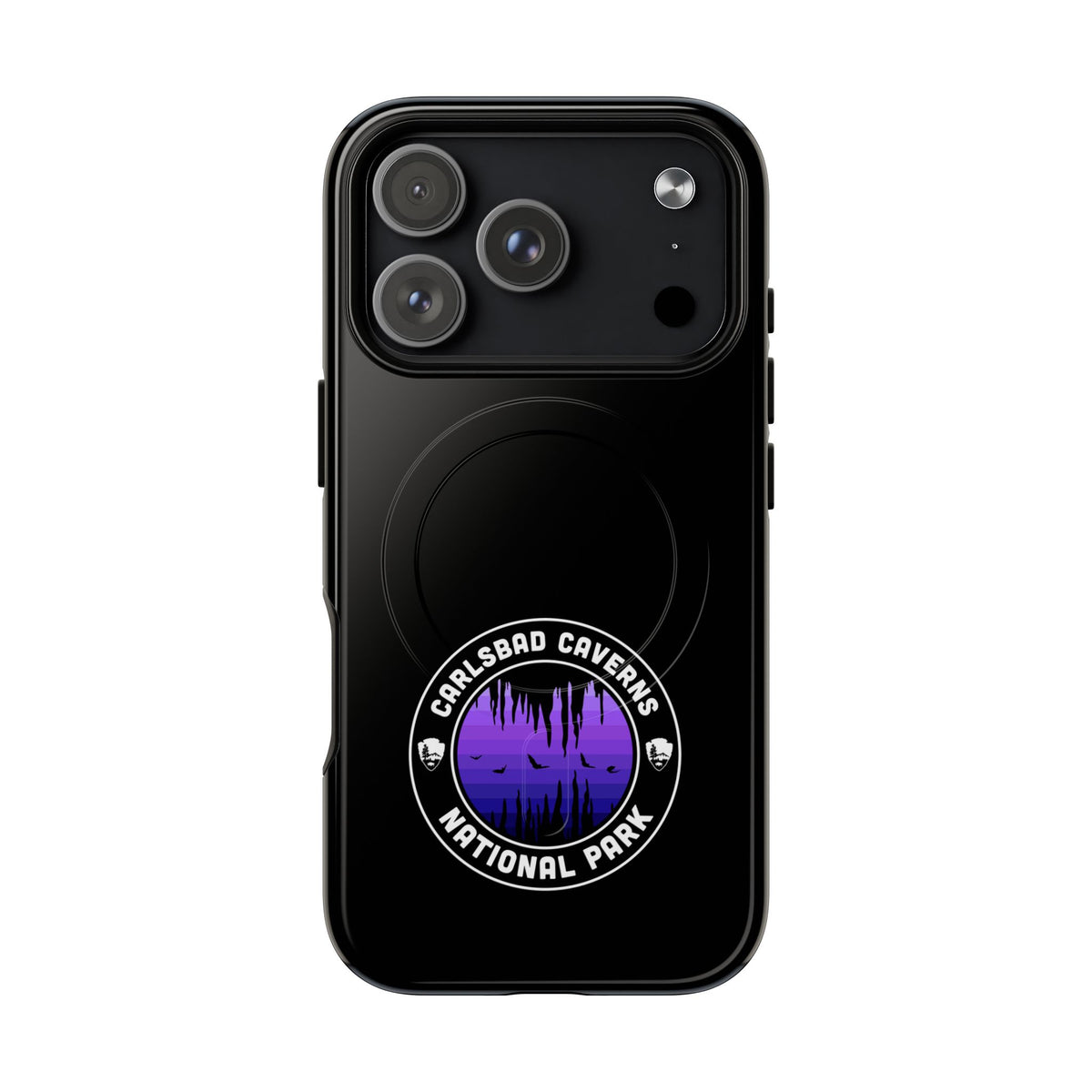 Carlsbad Caverns National Park iPhone case with MagSafe featuring round emblem artwork.