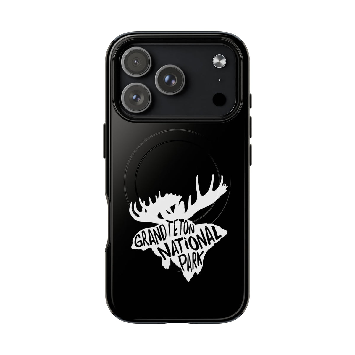 Grand Teton National Park iPhone case with MagSafe featuring moose artwork.