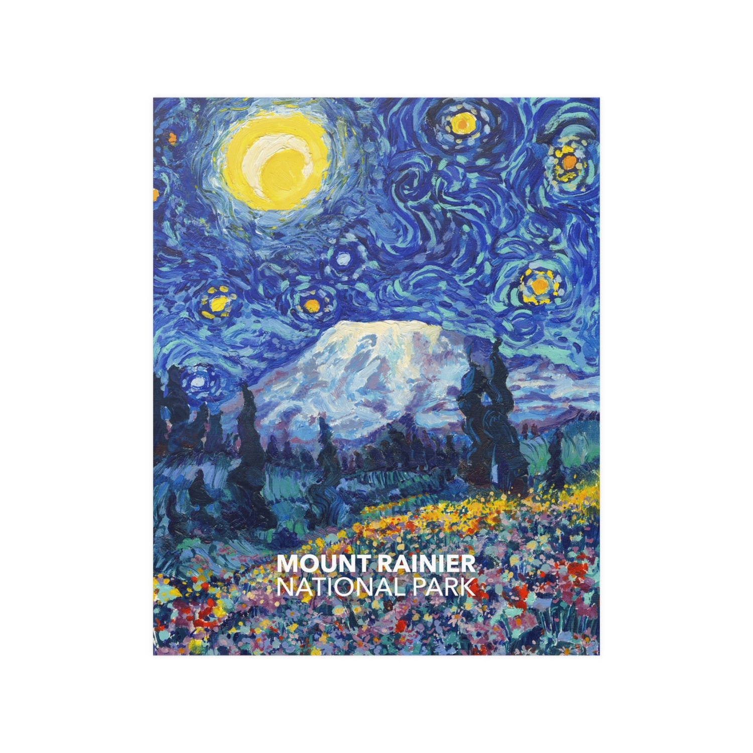 Mount Rainier National Park poster featuring a Van Gogh ‘Starry Night’-style design