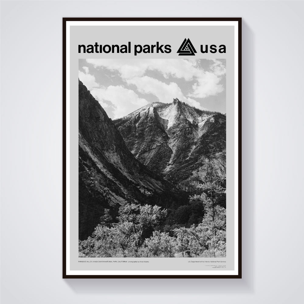 Kings Canyon National Park poster featuring a black-and-white Ansel Adams photograph