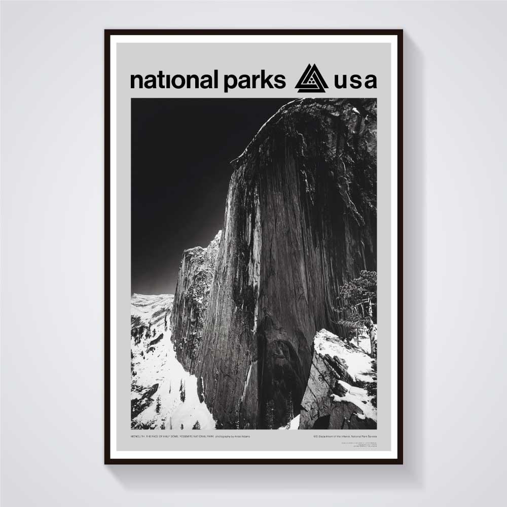 Yosemite National Park poster featuring a black-and-white Ansel Adams photograph