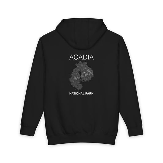 Black Acadia National Park hoodie, back view with topographic line design