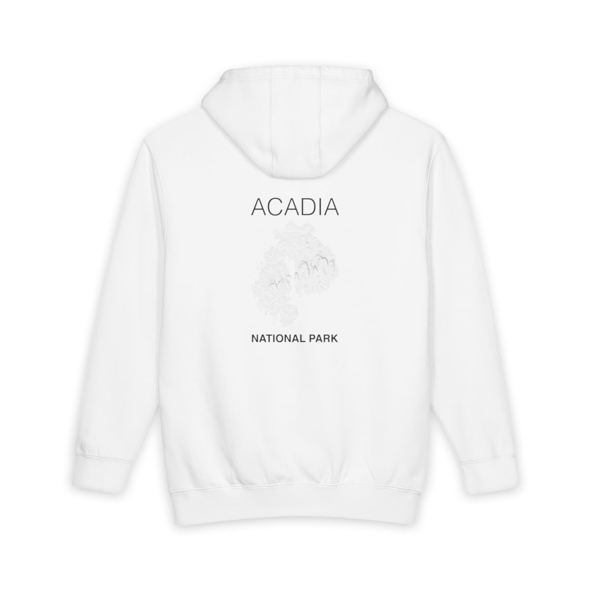White Acadia National Park hoodie, back view with topographic line design