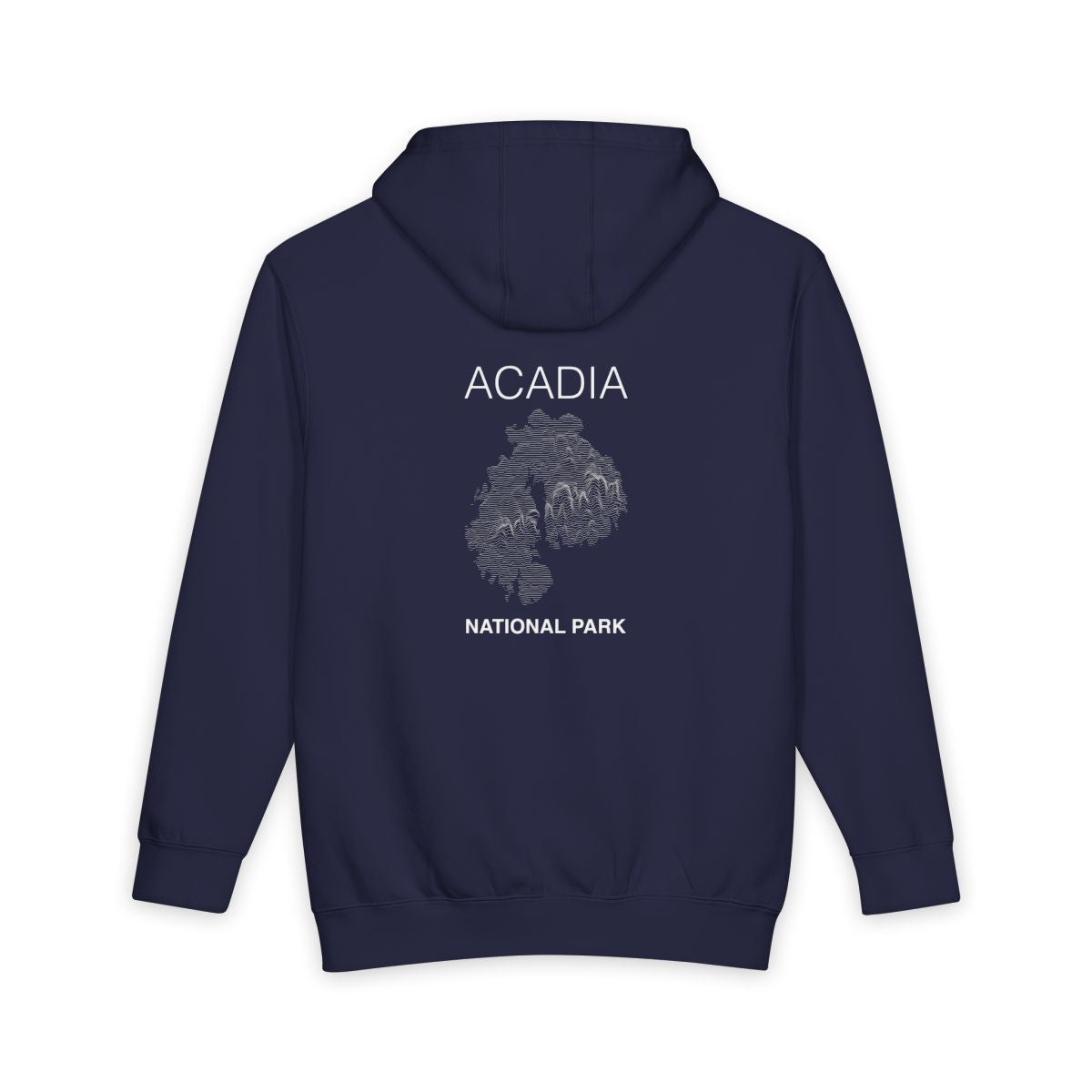 Navy Blue Acadia National Park hoodie, back view with topographic line design