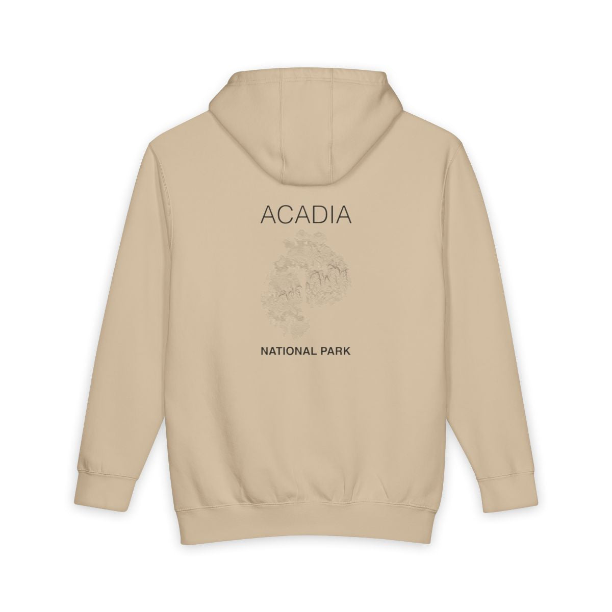 Mushroom Acadia National Park hoodie, back view with topographic line design