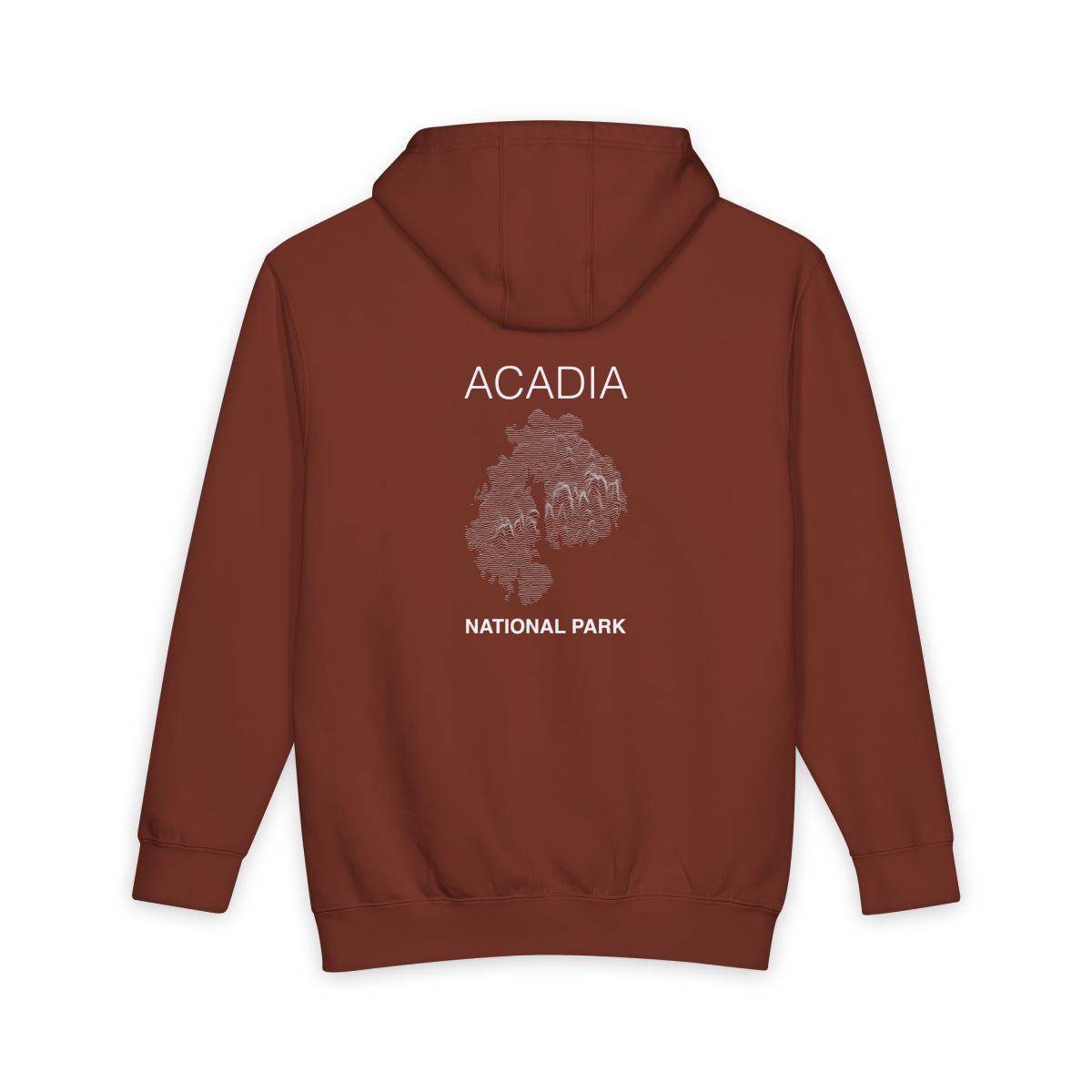Paprika Acadia National Park hoodie, back view with topographic line design
