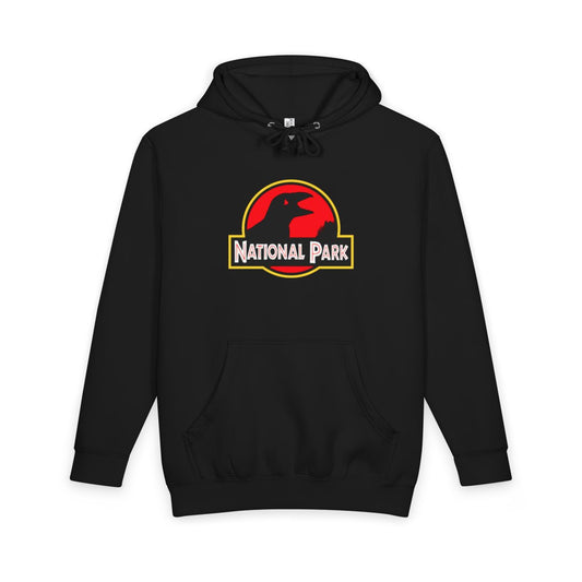 Black Acadia National Park hoodie, front view with parody logo