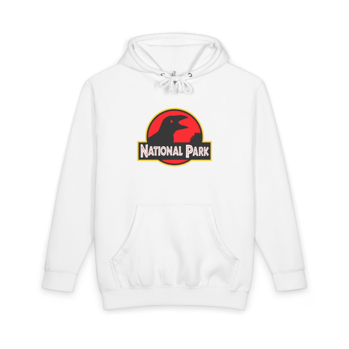White Acadia National Park hoodie, front view with parody logo