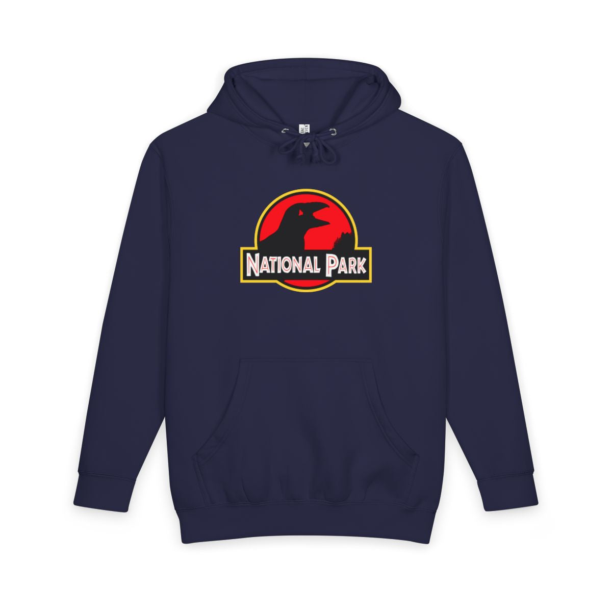 Navy Blue Acadia National Park hoodie, front view with parody logo