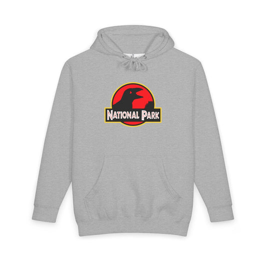 Heather Grey Acadia National Park hoodie, front view with parody logo