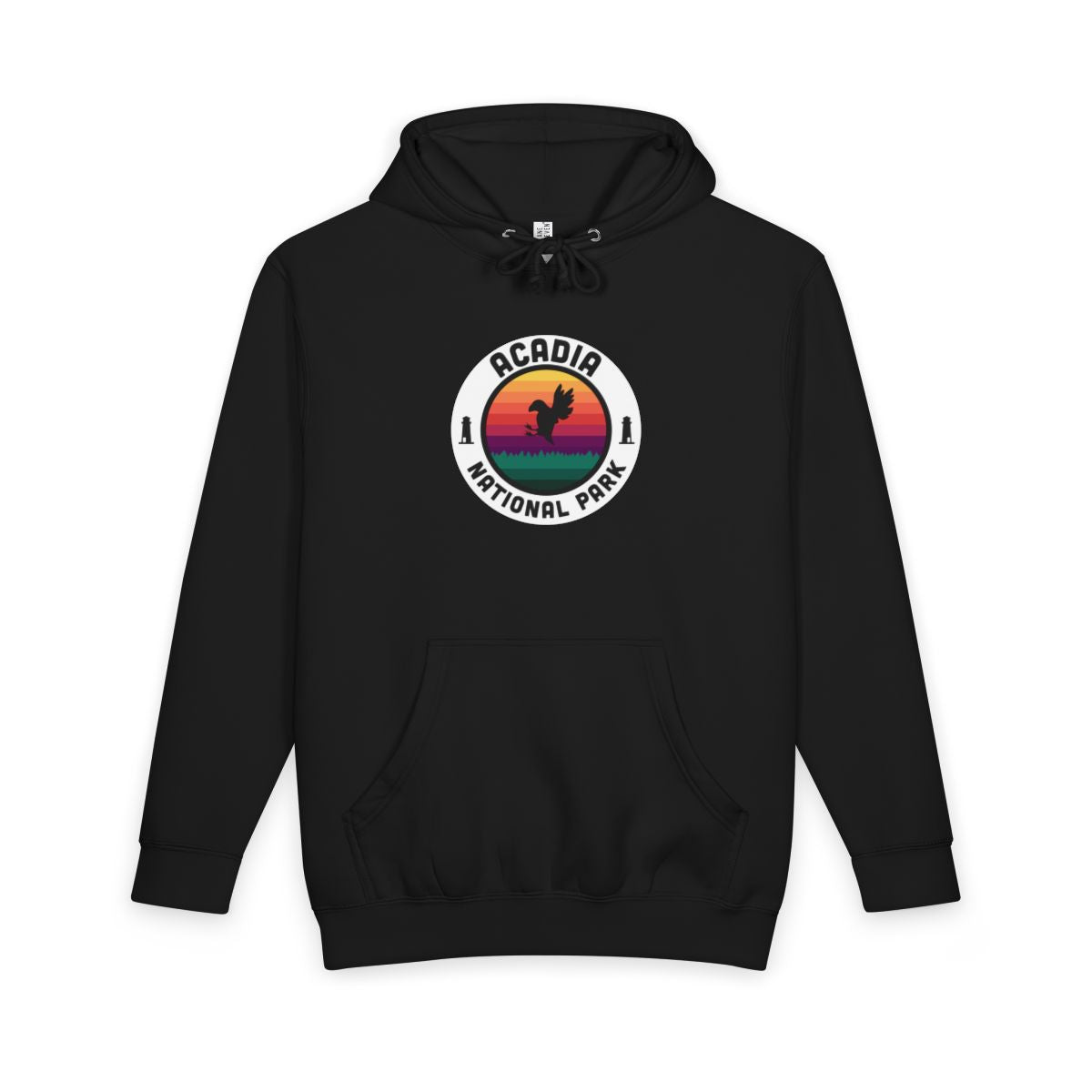 Black Acadia National Park hoodie, front view with round emblem design