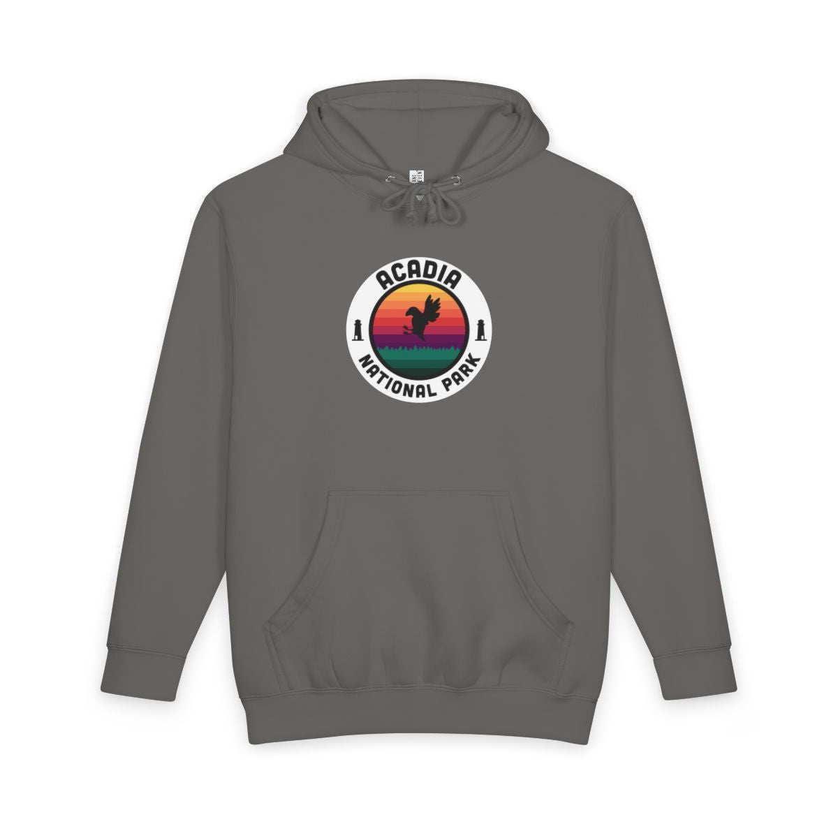 Storm Acadia National Park hoodie, front view with round emblem design