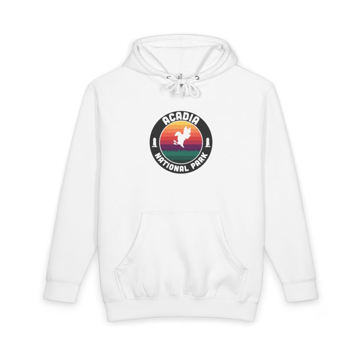 White Acadia National Park hoodie, front view with round emblem design
