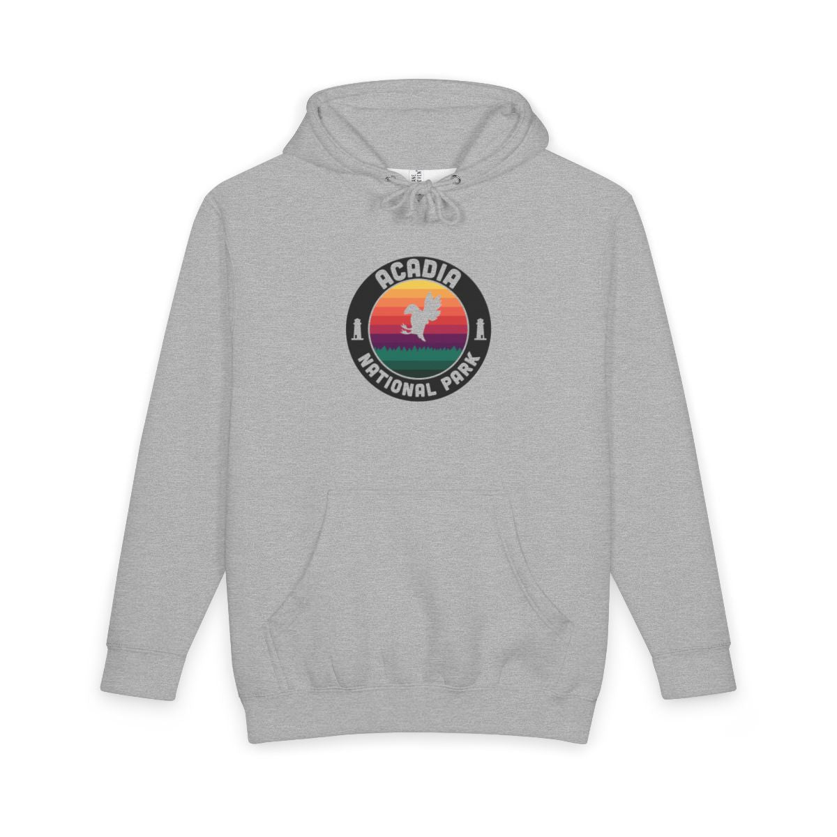 Heather Grey Acadia National Park hoodie, front view with round emblem design