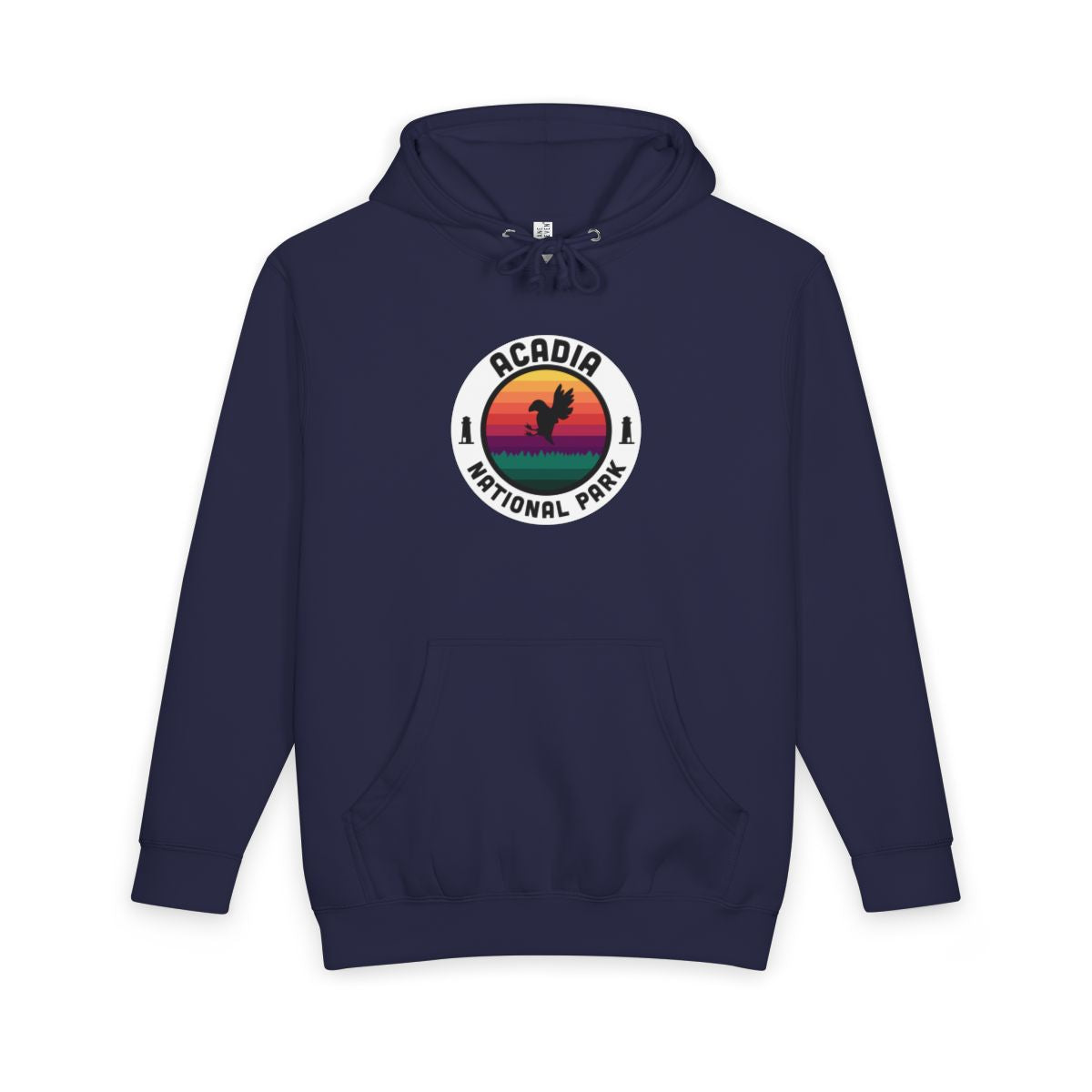 Navy Blue Acadia National Park hoodie, front view with round emblem design
