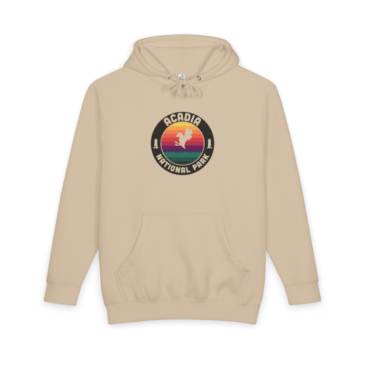 Mushroom Acadia National Park hoodie, front view with round emblem design