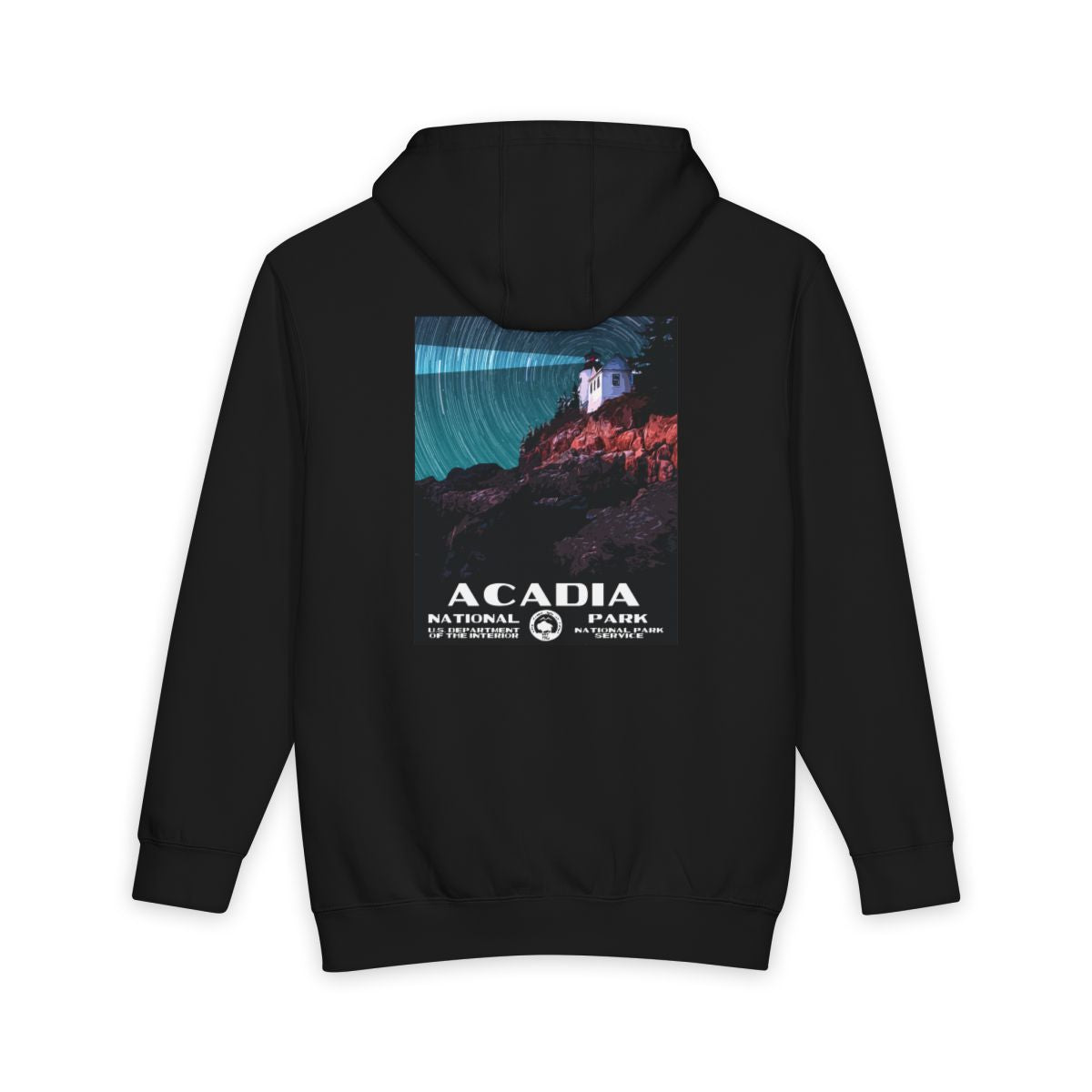 Black Acadia National Park hoodie, back view with national park poster artwork