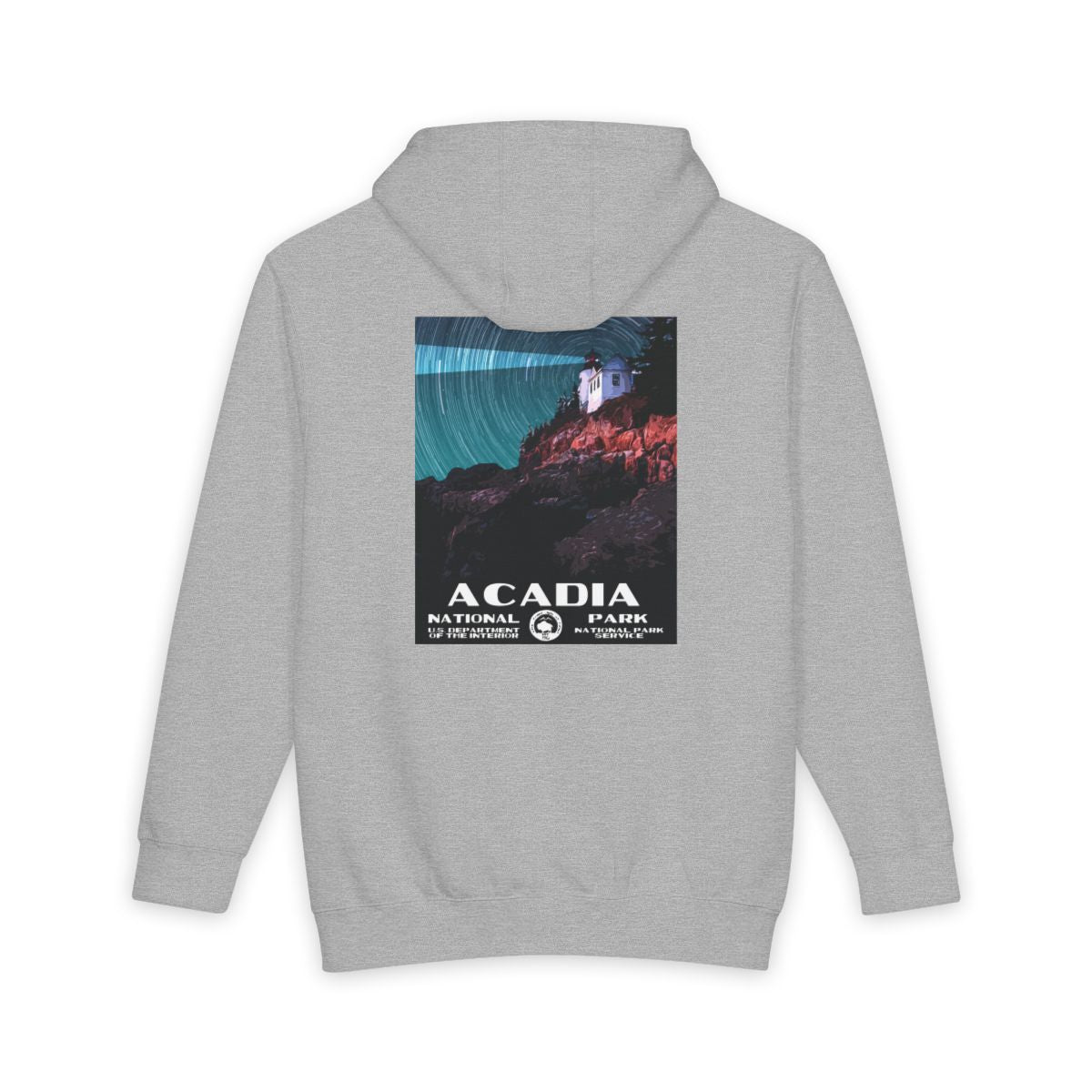 Heather Grey Acadia National Park hoodie, back view with national park poster artwork