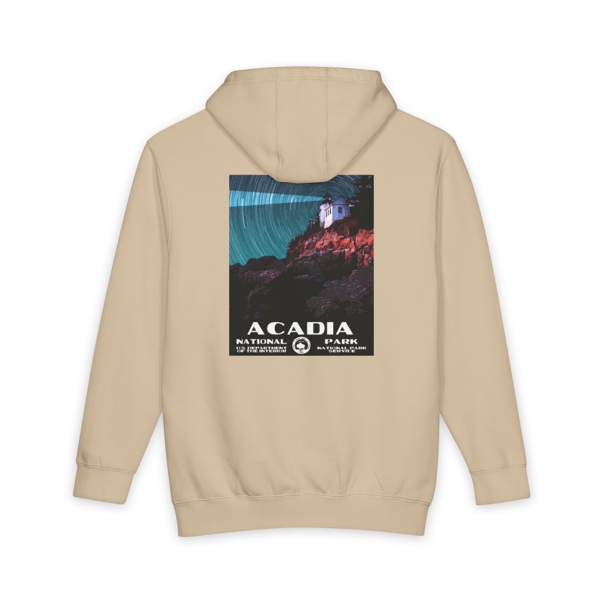Mushroom Acadia National Park hoodie, back view with national park poster artwork
