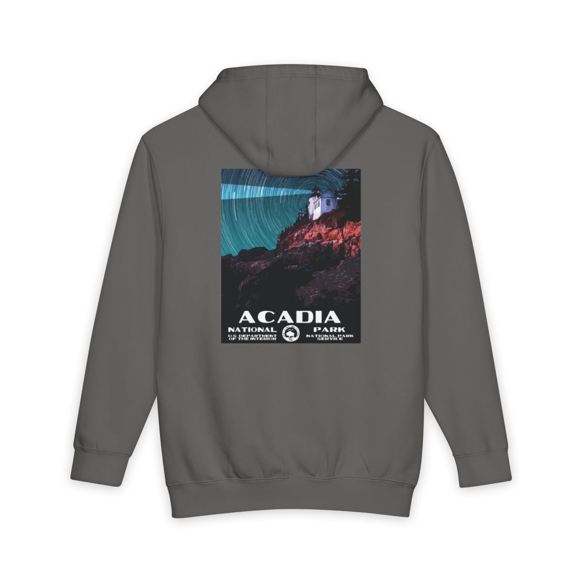 Storm Acadia National Park hoodie, back view with national park poster artwork