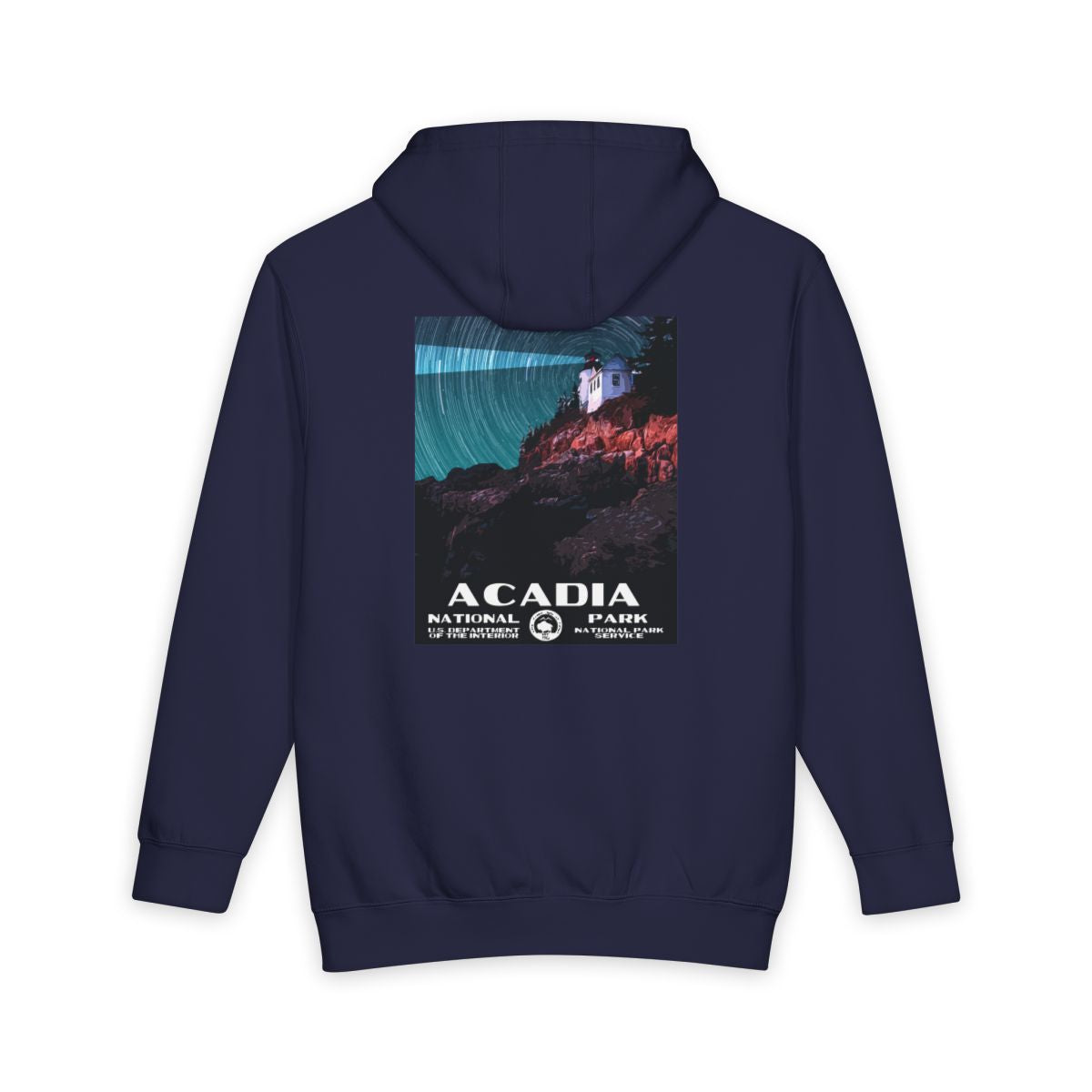 Navy Blue Acadia National Park hoodie, back view with national park poster artwork