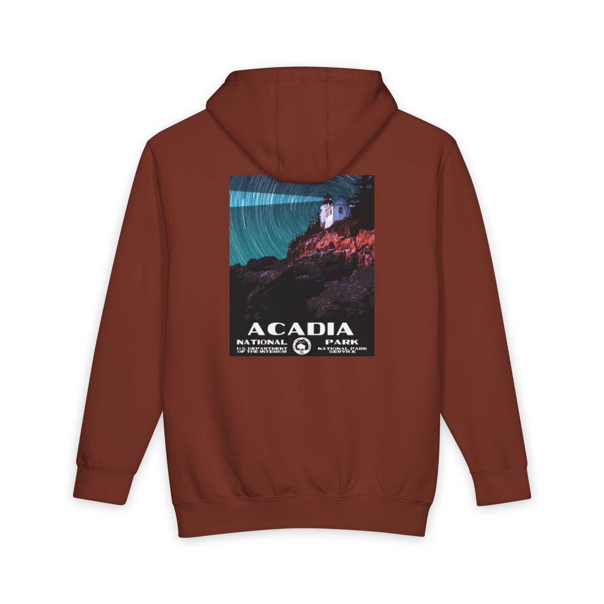 Paprika Acadia National Park hoodie, back view with national park poster artwork