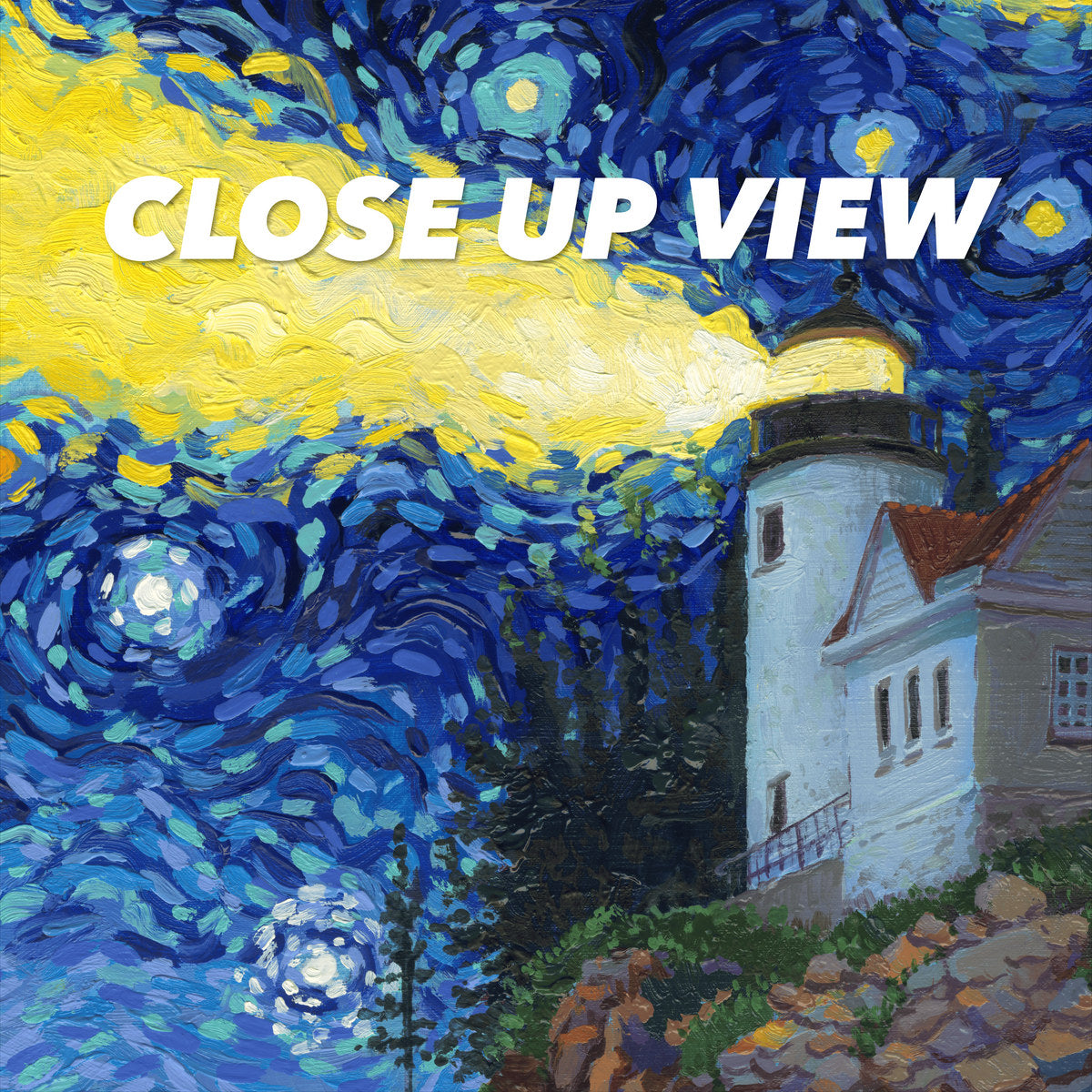 Close-up view of the Acadia National Park Starry Night poster artwork, showing colorful Van Gogh-inspired brushwork