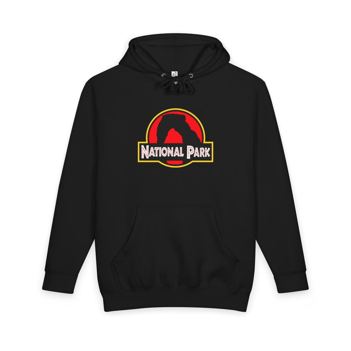 Black Arches National Park hoodie, front view with delicate arch parody logo