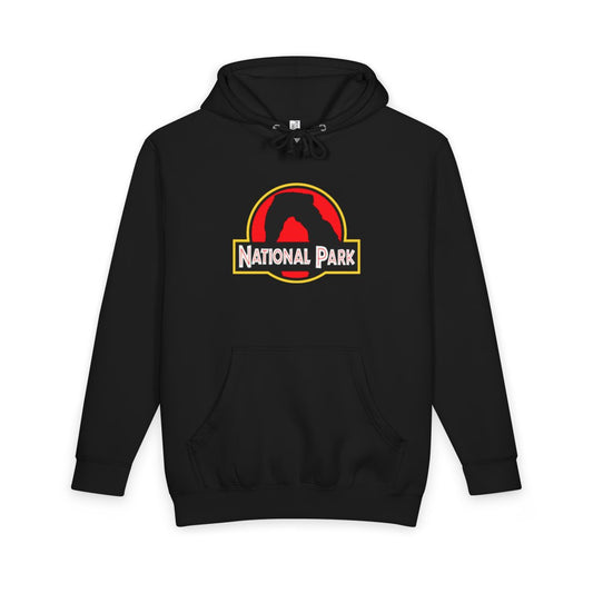 Black Arches National Park hoodie, front view with delicate arch parody logo