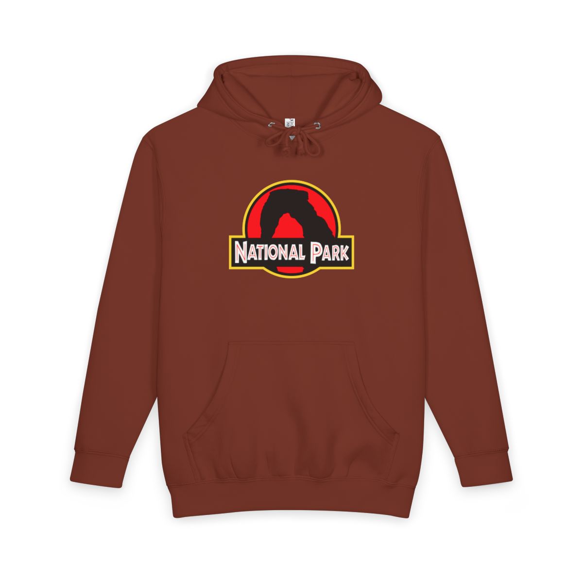 Paprika Arches National Park hoodie, front view with delicate arch parody logo