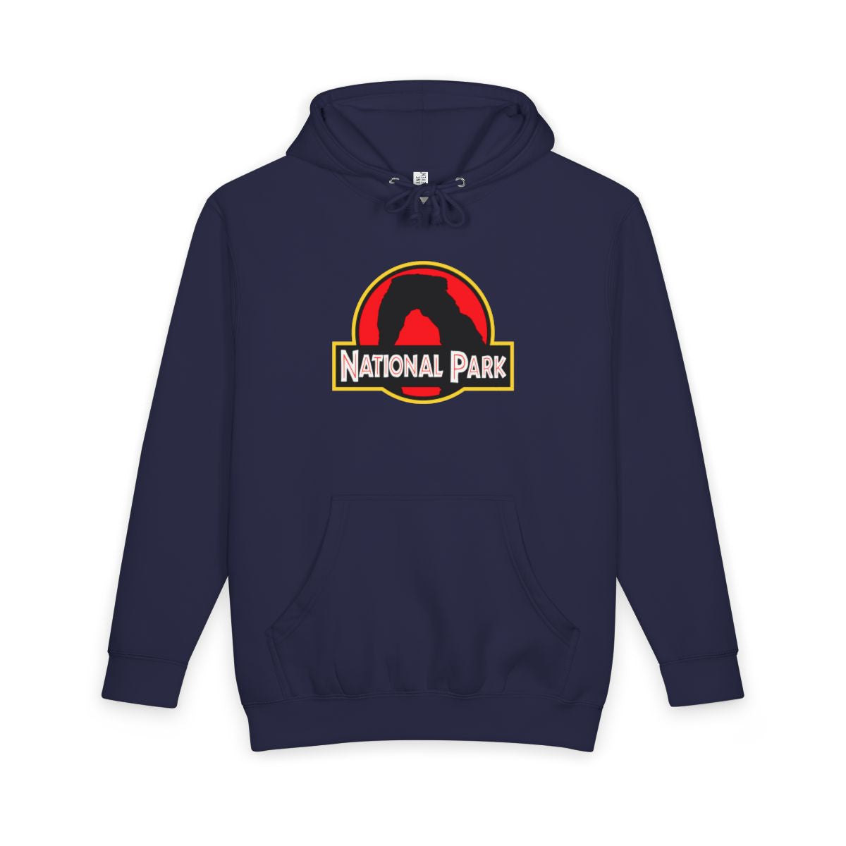 Navy Blue Arches National Park hoodie, front view with delicate arch parody logo