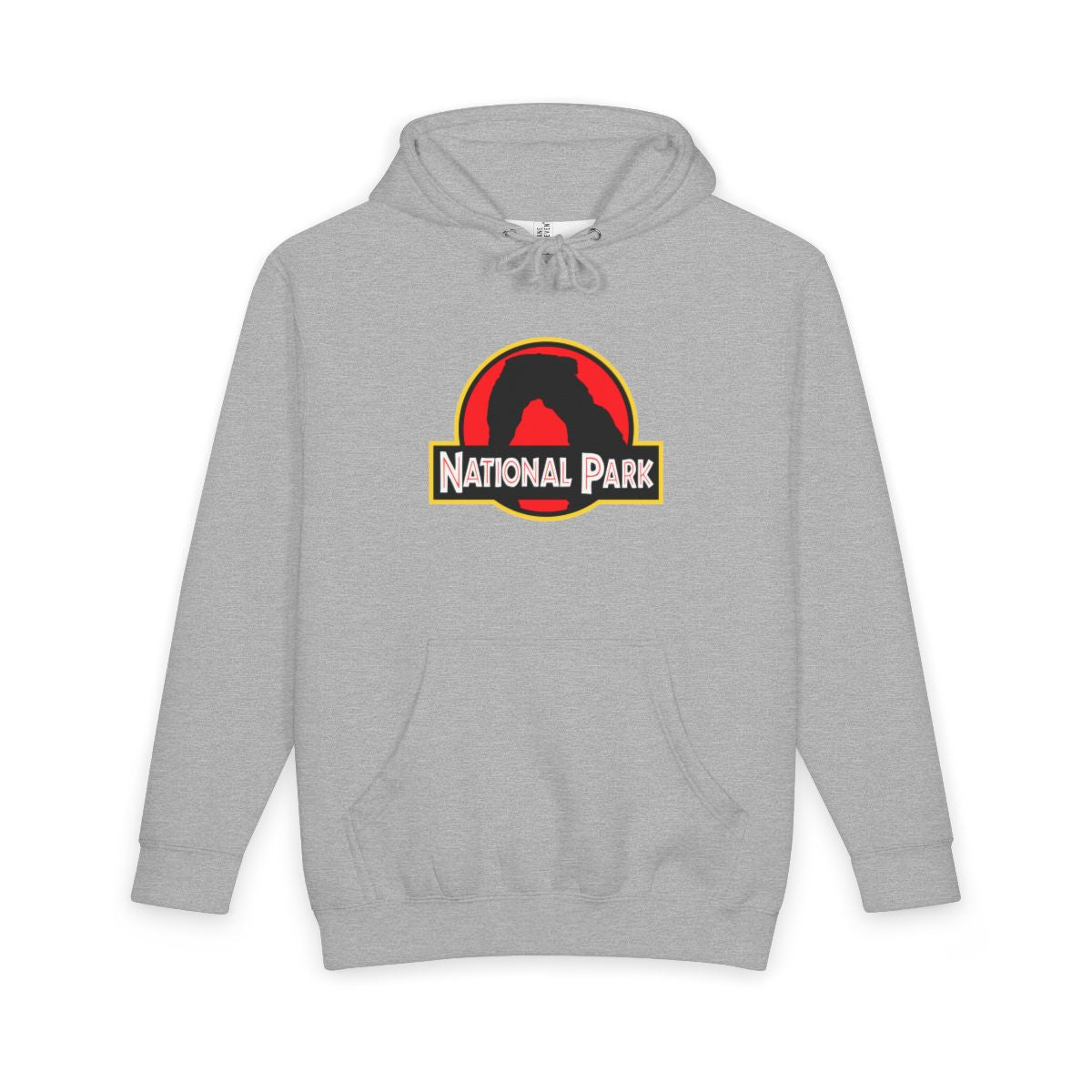 Heather Grey Arches National Park hoodie, front view with delicate arch parody logo