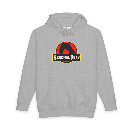 Heather Grey Arches National Park hoodie, front view with delicate arch parody logo