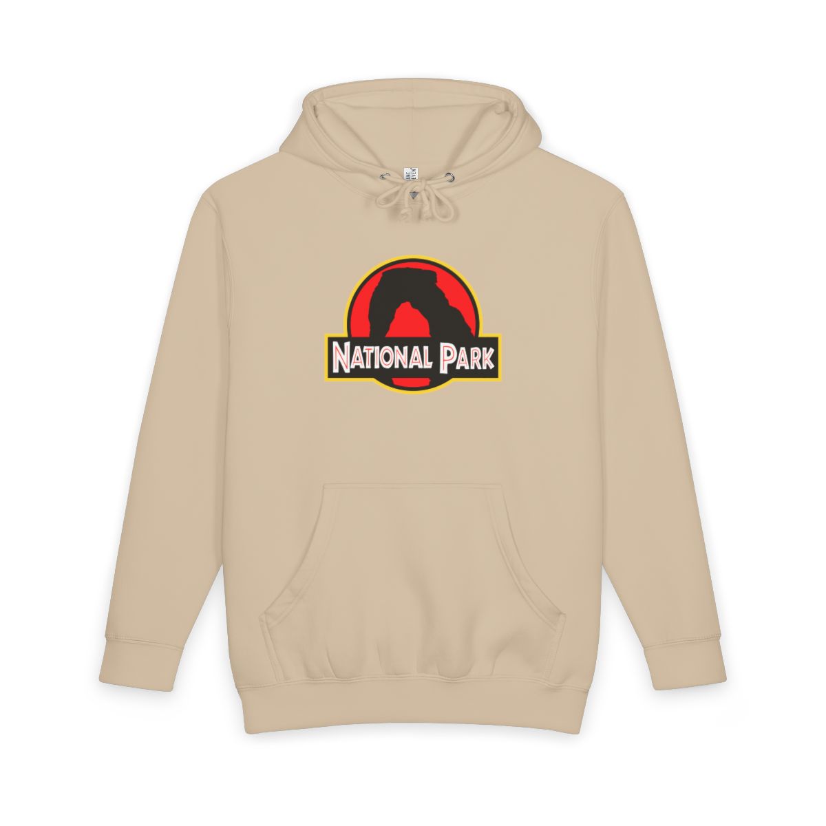 Mushroom Arches National Park hoodie, front view with delicate arch parody logo