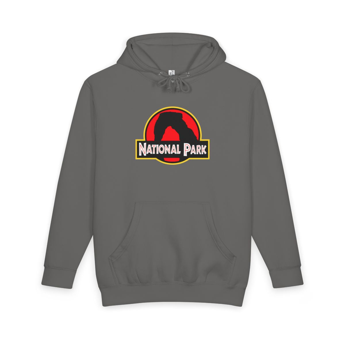 Storm Arches National Park hoodie, front view with delicate arch parody logo