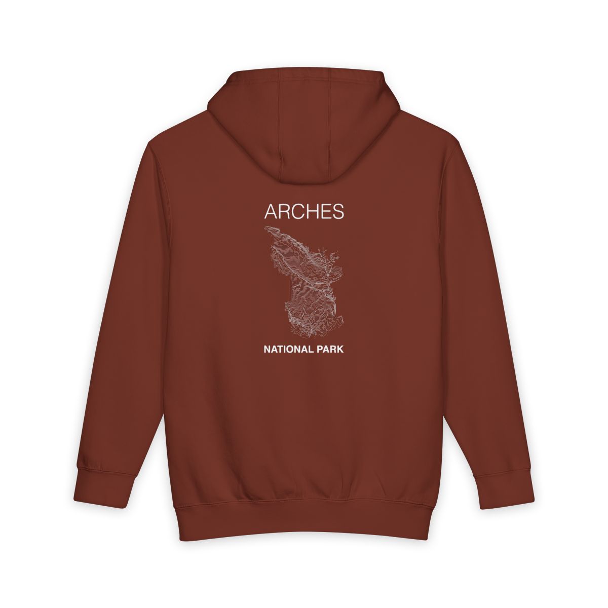 Paprika Arches National Park hoodie, back view with topographic line design