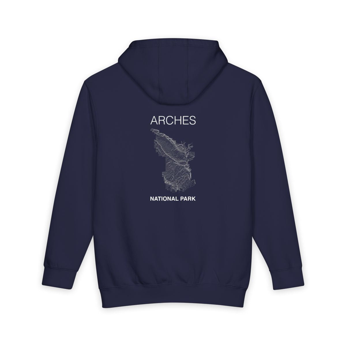 Navy Blue Arches National Park hoodie, back view with topographic line design