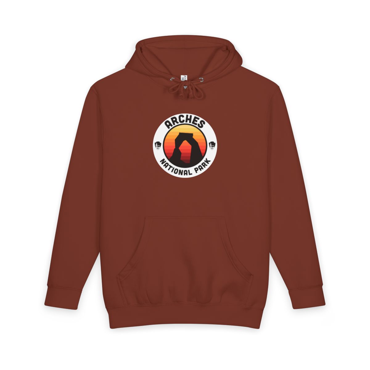 Paprika Arches National Park hoodie, front view with round emblem design