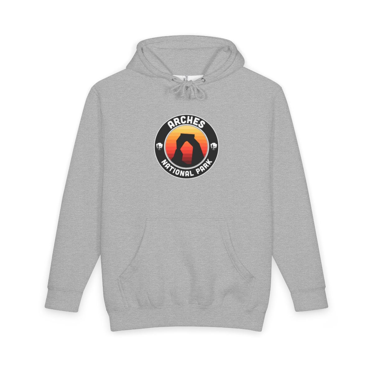 Heather Grey Arches National Park hoodie, front view with round emblem design
